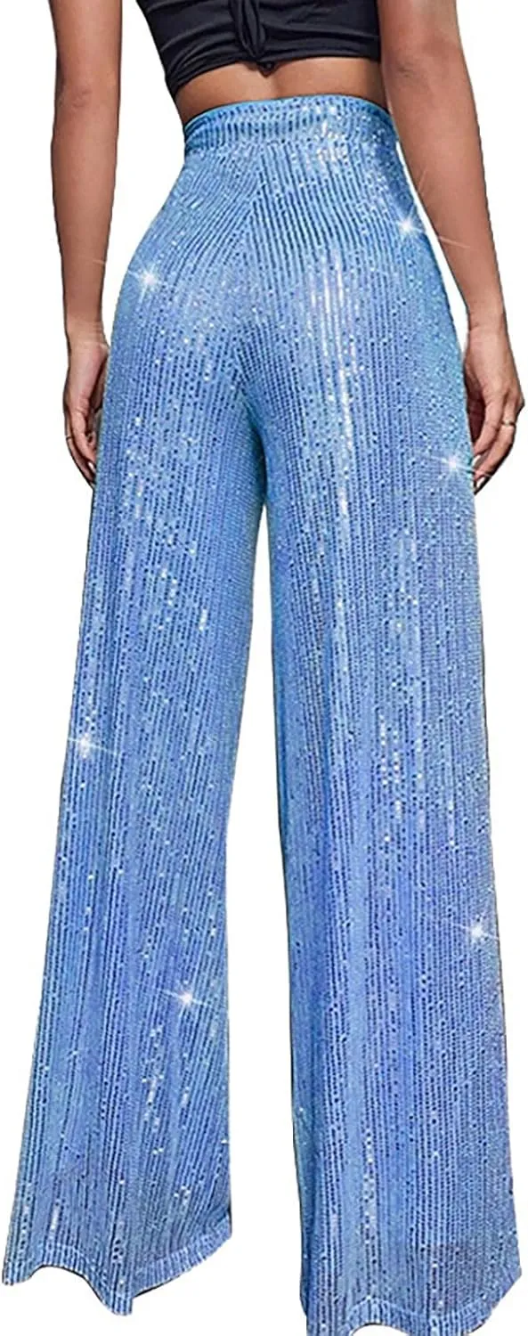 Women's High Waisted 80s Sparkle Sequin Pants Loose Drape Wide Leg Pants Women's Fashion Bling Glitter Dance Pants