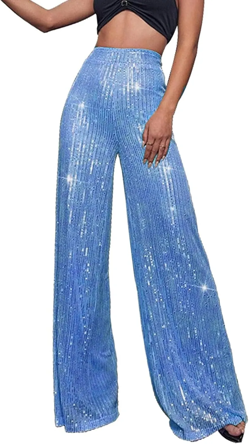 Women's High Waisted 80s Sparkle Sequin Pants Loose Drape Wide Leg Pants Women's Fashion Bling Glitter Dance Pants
