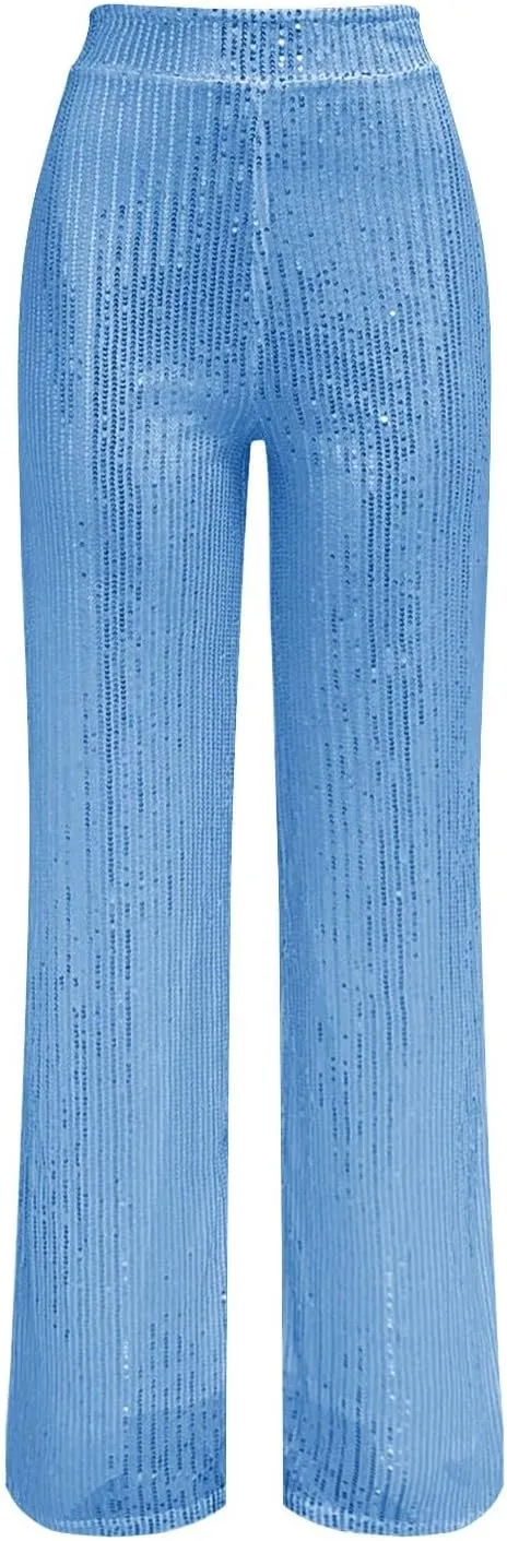 Women's High Waisted 80s Sparkle Sequin Pants Loose Drape Wide Leg Pants Women's Fashion Bling Glitter Dance Pants