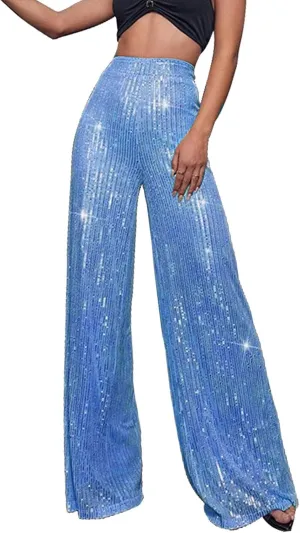 Women's High Waisted 80s Sparkle Sequin Pants Loose Drape Wide Leg Pants Women's Fashion Bling Glitter Dance Pants