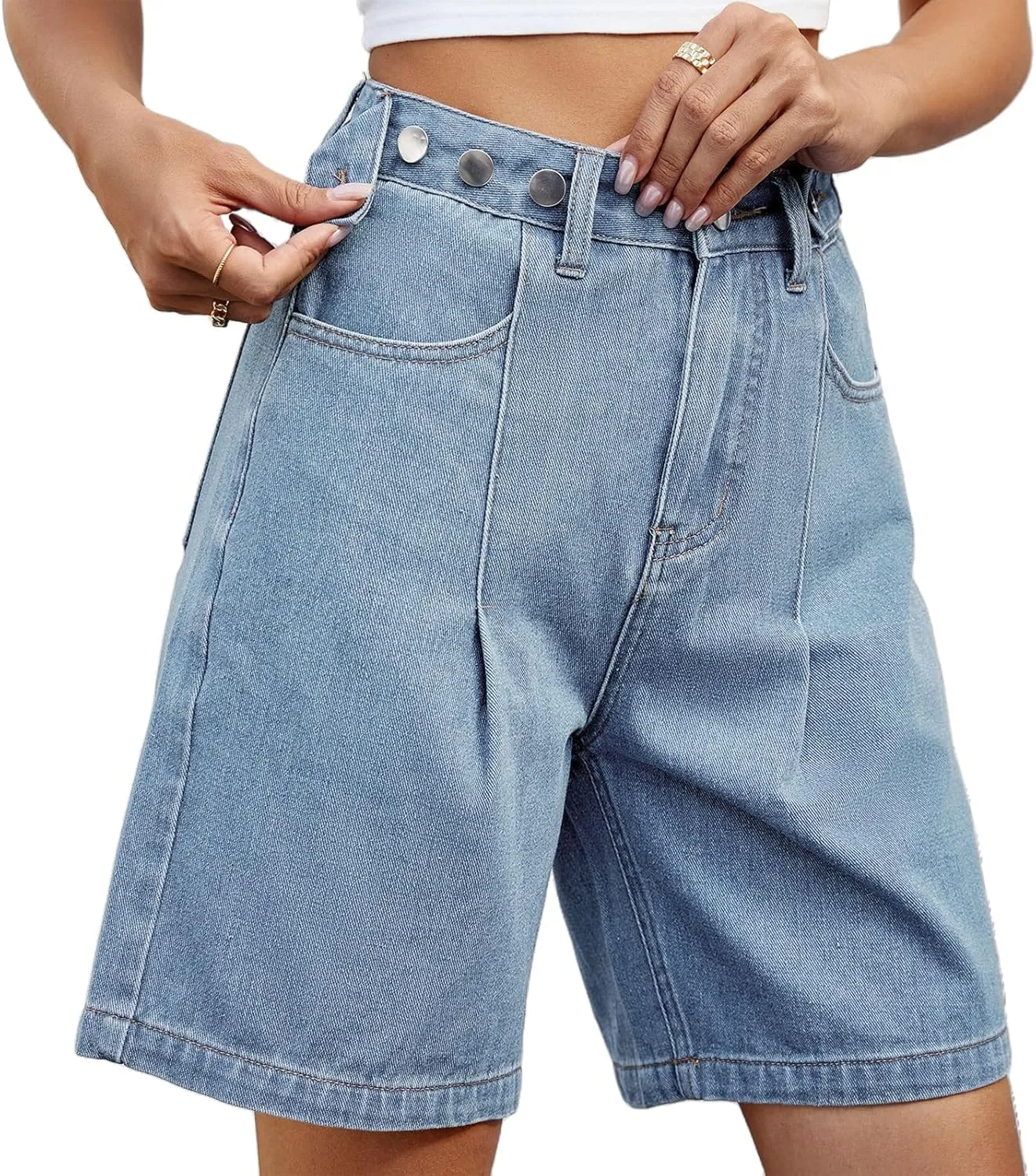 Women's High Waisted Knee Length Denim Shorts Button Adjustable Waist Shorts Bermuda Long Jean Shorts for Teen Girls