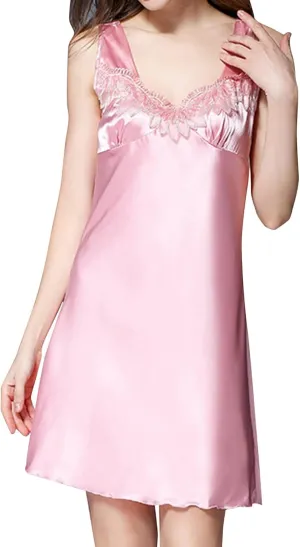 Women's Ice Silk High End Summer Sexy Nightdress With Chest Pad Solid Color Large Size Floral Home Service