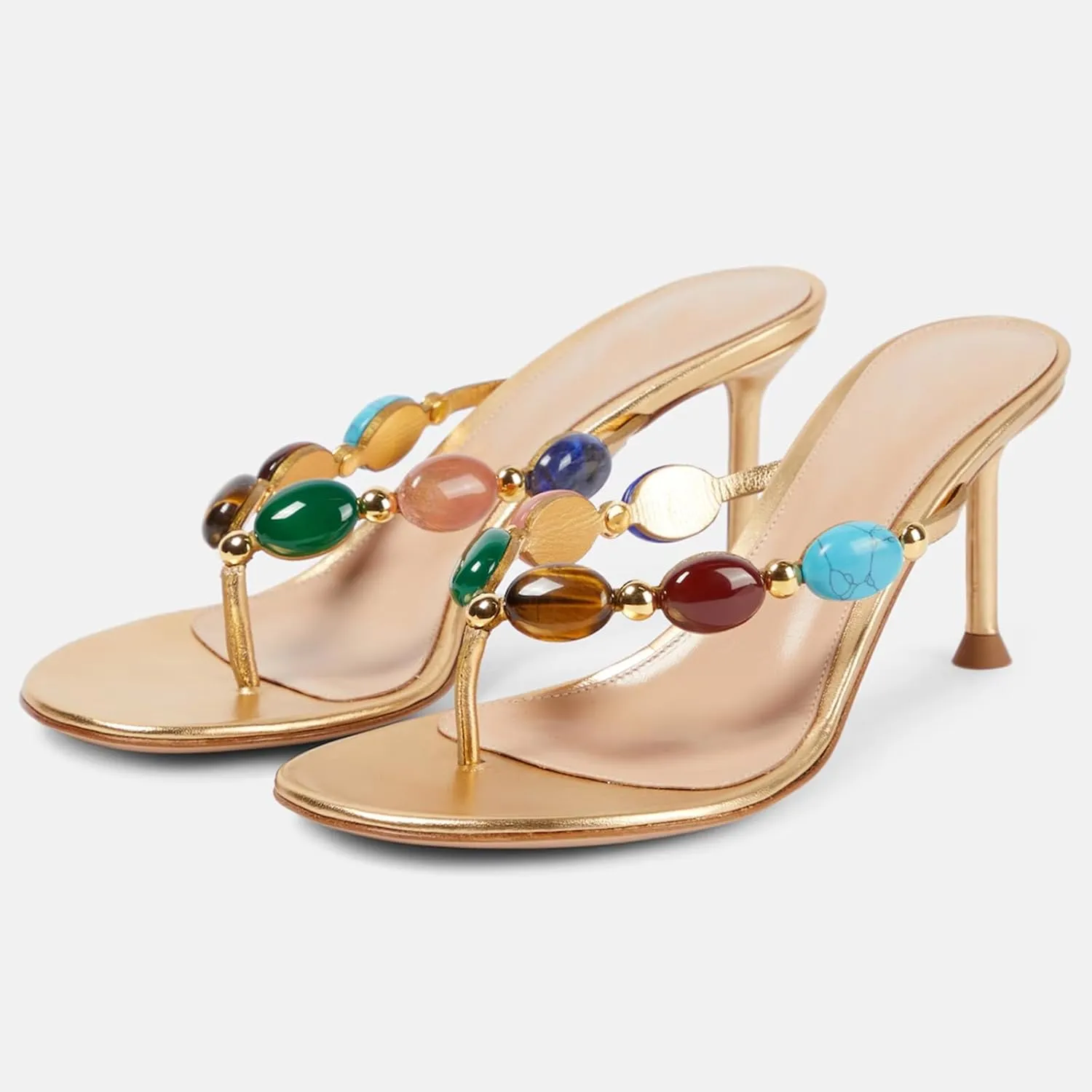 Women's Jewelled Thong Strappy Sandal Summer Mules Kitten Heels Flip Flop Round Open Toe Mid Heels Fashion Wedding Party Dress Thong Casual Shoes
