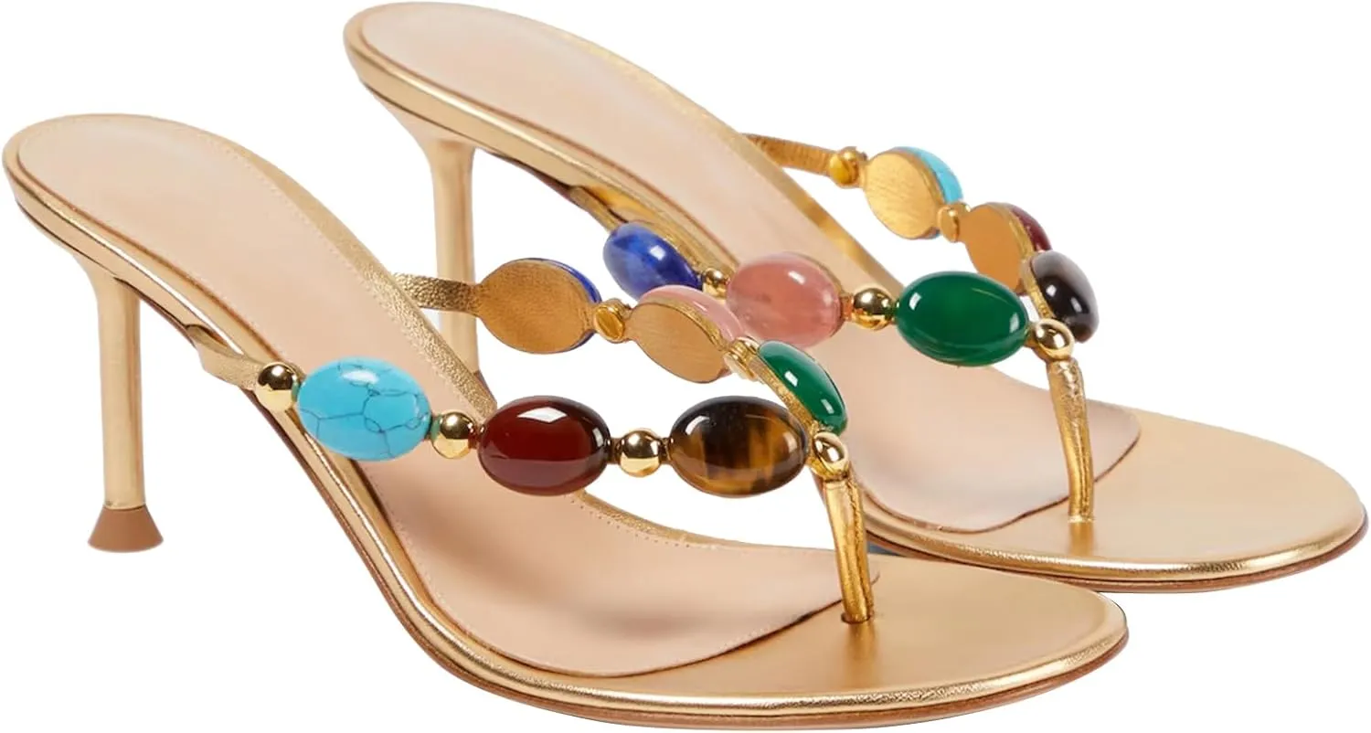Women's Jewelled Thong Strappy Sandal Summer Mules Kitten Heels Flip Flop Round Open Toe Mid Heels Fashion Wedding Party Dress Thong Casual Shoes