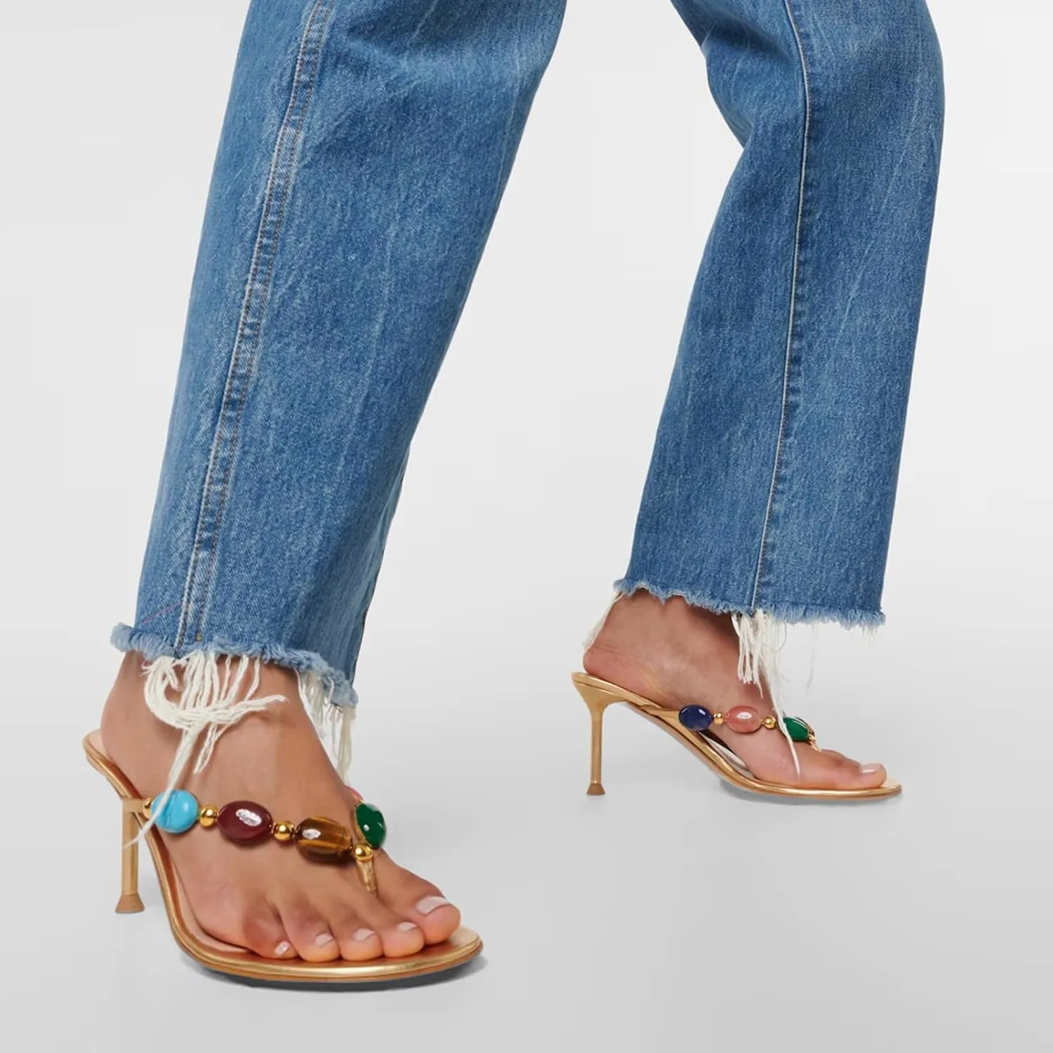 Women's Jewelled Thong Strappy Sandal Summer Mules Kitten Heels Flip Flop Round Open Toe Mid Heels Fashion Wedding Party Dress Thong Casual Shoes