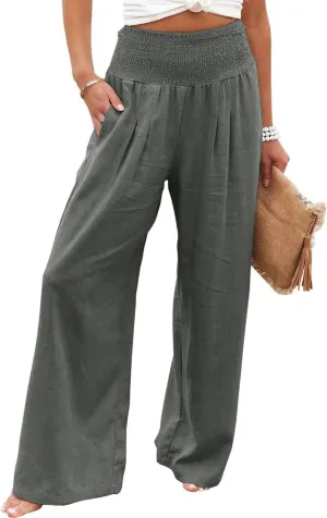 Womens Linen Palazzo Pants Casual Wide Leg High Waist Pant 2025 Summer Flowy Boho Beach Travel Vacation Outfits