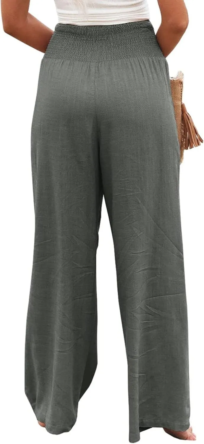Womens Linen Palazzo Pants Casual Wide Leg High Waist Pant 2025 Summer Flowy Boho Beach Travel Vacation Outfits