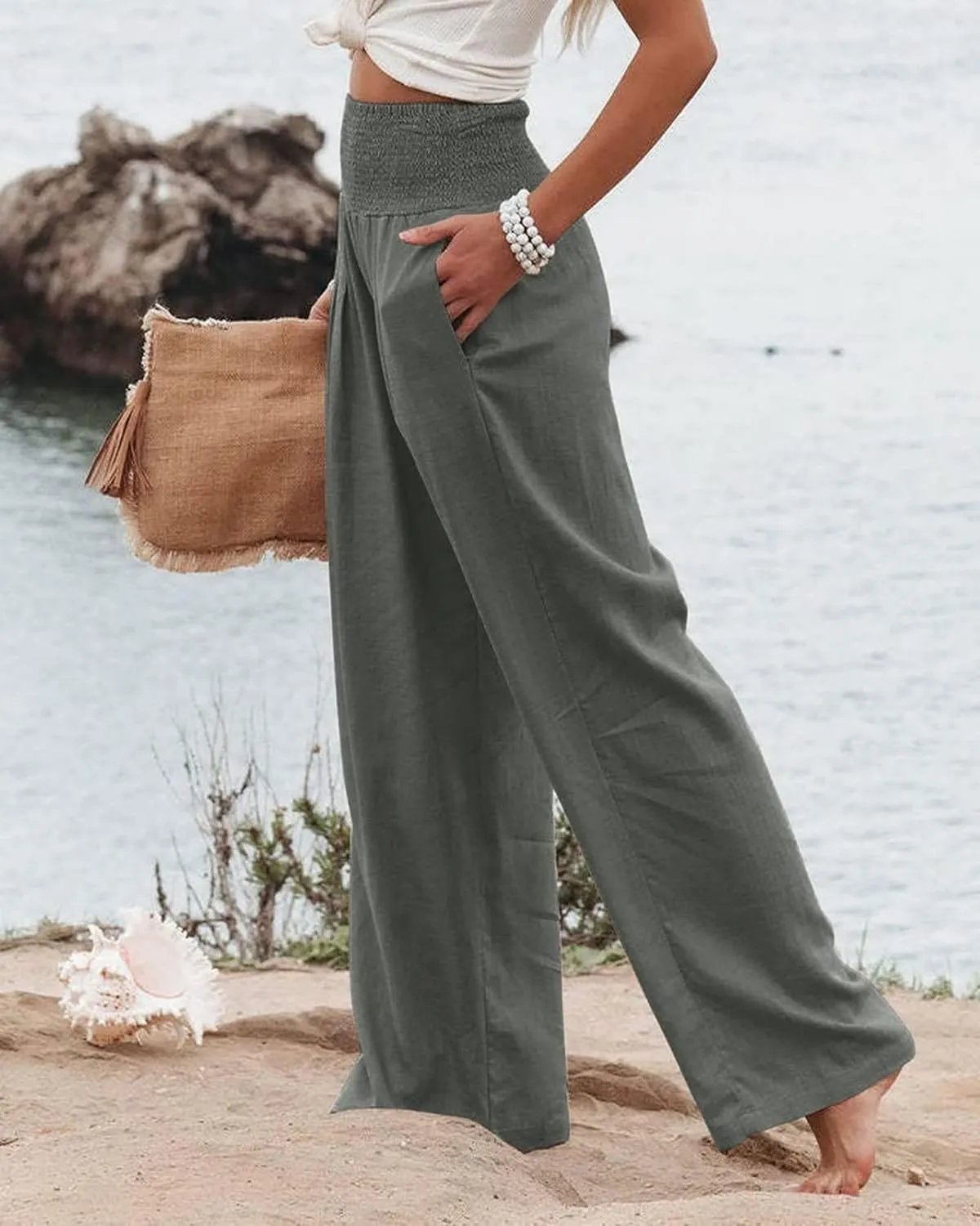 Womens Linen Palazzo Pants Casual Wide Leg High Waist Pant 2025 Summer Flowy Boho Beach Travel Vacation Outfits