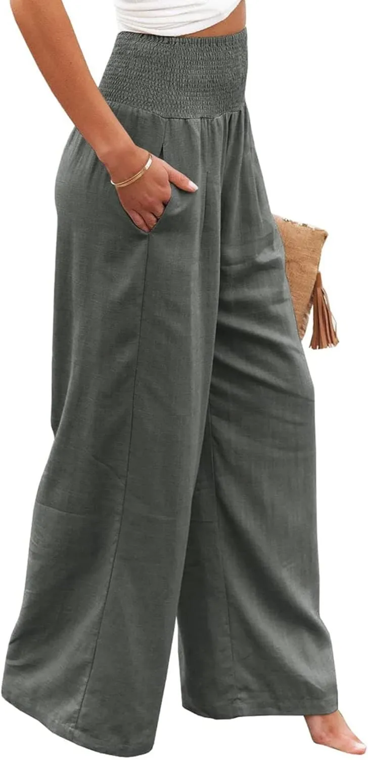 Womens Linen Palazzo Pants Casual Wide Leg High Waist Pant 2025 Summer Flowy Boho Beach Travel Vacation Outfits