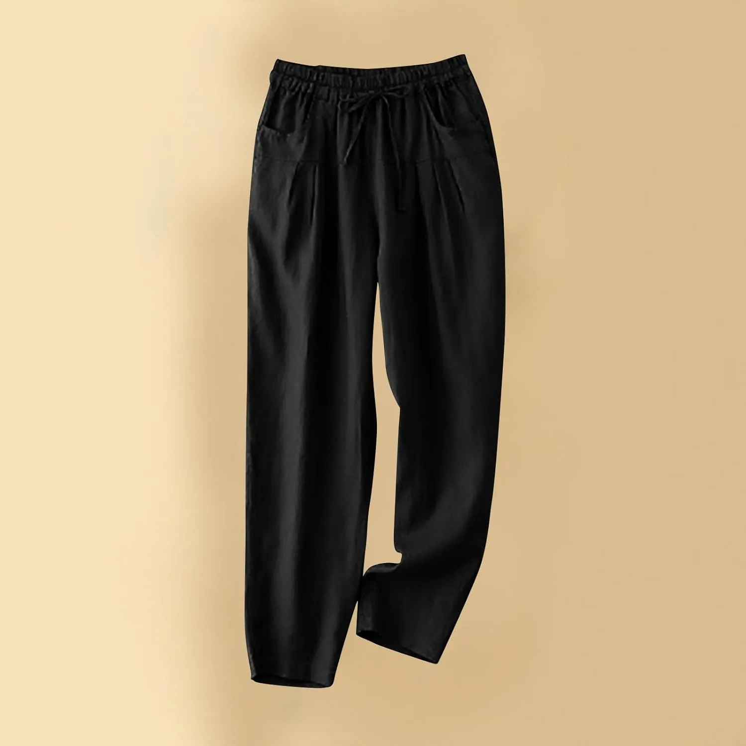 Women's Linen Pants Dressy Elastic Waist Wide Leg Flowy Pants Relaxed Fit High Waisted Plus Size Pants with Pckets