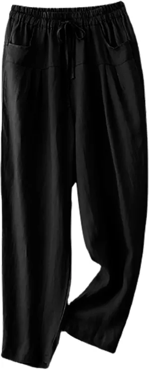 Women's Linen Pants Dressy Elastic Waist Wide Leg Flowy Pants Relaxed Fit High Waisted Plus Size Pants with Pckets