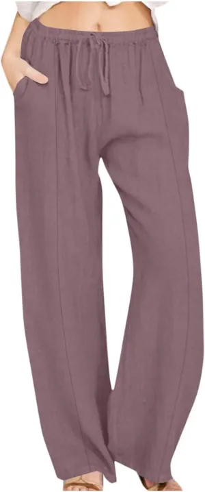 Womens Linen Pants Dressy Lightweight Drawstring High Waisted Pants Casual Lounge Pants Trousers with Pockets