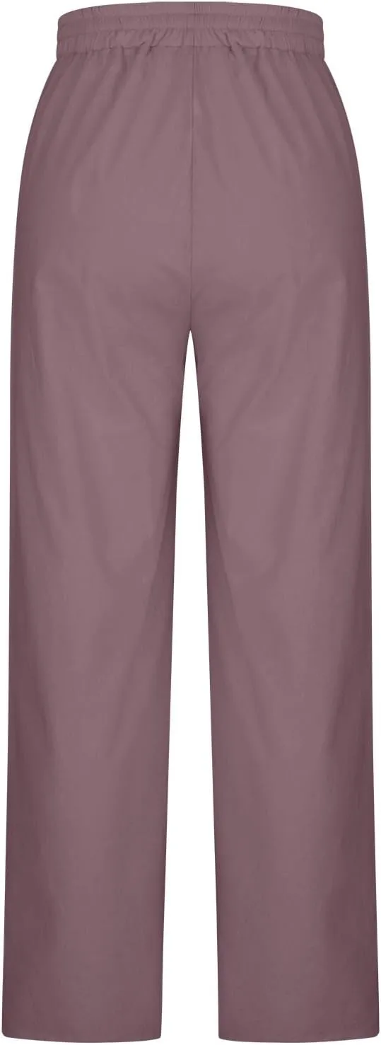 Womens Linen Pants Dressy Lightweight Drawstring High Waisted Pants Casual Lounge Pants Trousers with Pockets