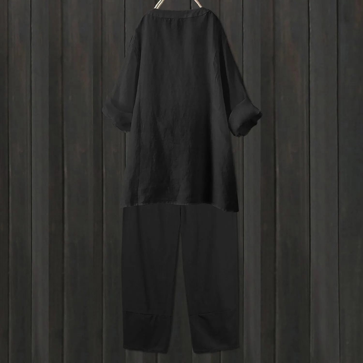 Womens Linen Sets 2 Piece Oversized 3/4 Length Sleeve Comfy Shirts Summer V Neck Loose Wide Leg Pants with Pockets