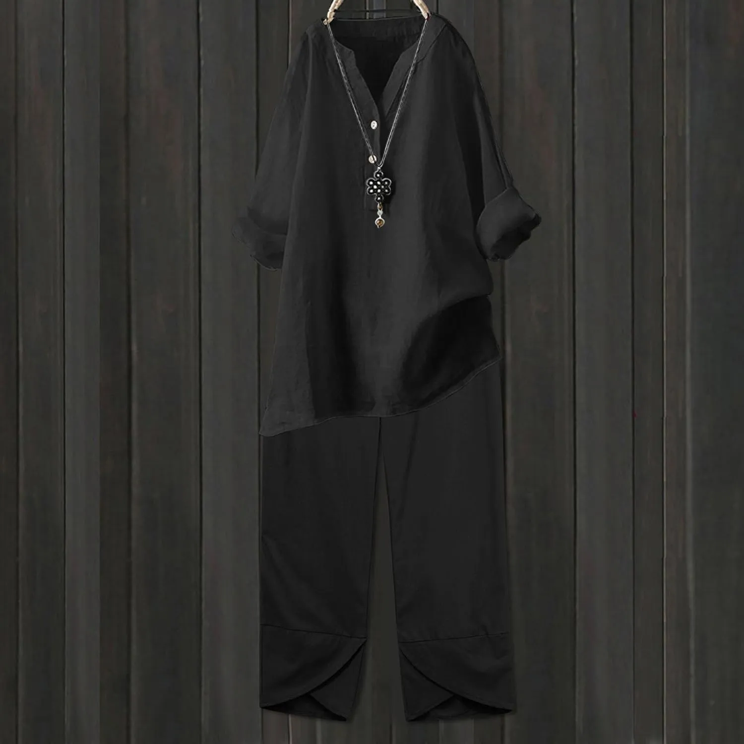 Womens Linen Sets 2 Piece Oversized 3/4 Length Sleeve Comfy Shirts Summer V Neck Loose Wide Leg Pants with Pockets