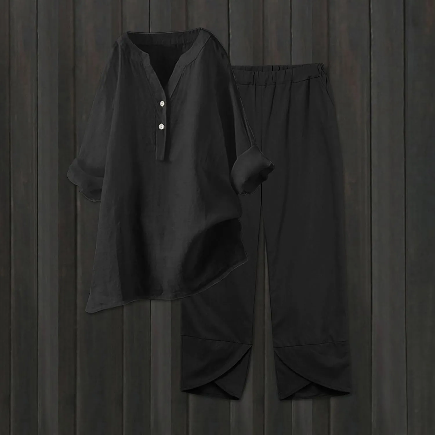 Womens Linen Sets 2 Piece Oversized 3/4 Length Sleeve Comfy Shirts Summer V Neck Loose Wide Leg Pants with Pockets