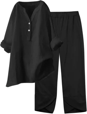 Womens Linen Sets 2 Piece Oversized 3/4 Length Sleeve Comfy Shirts Summer V Neck Loose Wide Leg Pants with Pockets