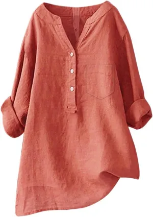Women's Linen Shirts 2024 Solid Color Medium Sleeve Collar Casual Women's Shirt Women's Shirt Tops for Women Swim