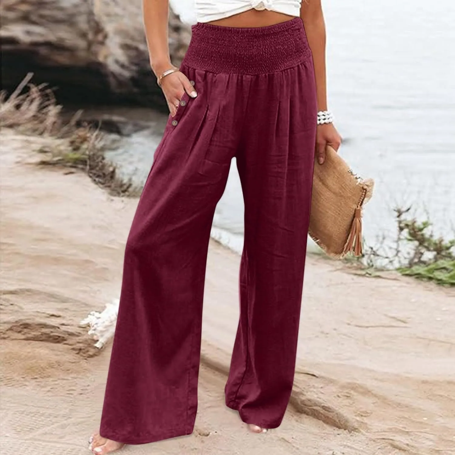 Womens Linen Wide Leg Pants Women's Summer Wide Leg Palazzo Pants Summer Boho Bagyy High Smocked Waist Casual Loose