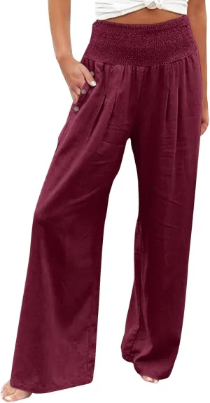Womens Linen Wide Leg Pants Women's Summer Wide Leg Palazzo Pants Summer Boho Bagyy High Smocked Waist Casual Loose