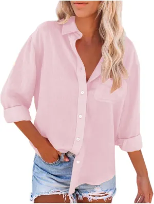 Womens Long Sleeve Button Down Linen Shirts Dressy Causal Plus Size Fall Blouses Loose V Neck Office Work Tunic Tops