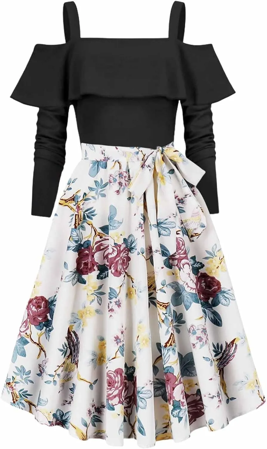 Womens Long Sleeve Floral Dress Sexy Elegant Off Shoulder Ruffle Pleated Causal Dress Funny Floral Print Fall Dresses