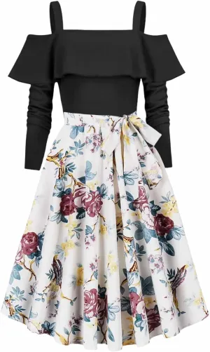 Womens Long Sleeve Floral Dress Sexy Elegant Off Shoulder Ruffle Pleated Causal Dress Funny Floral Print Fall Dresses