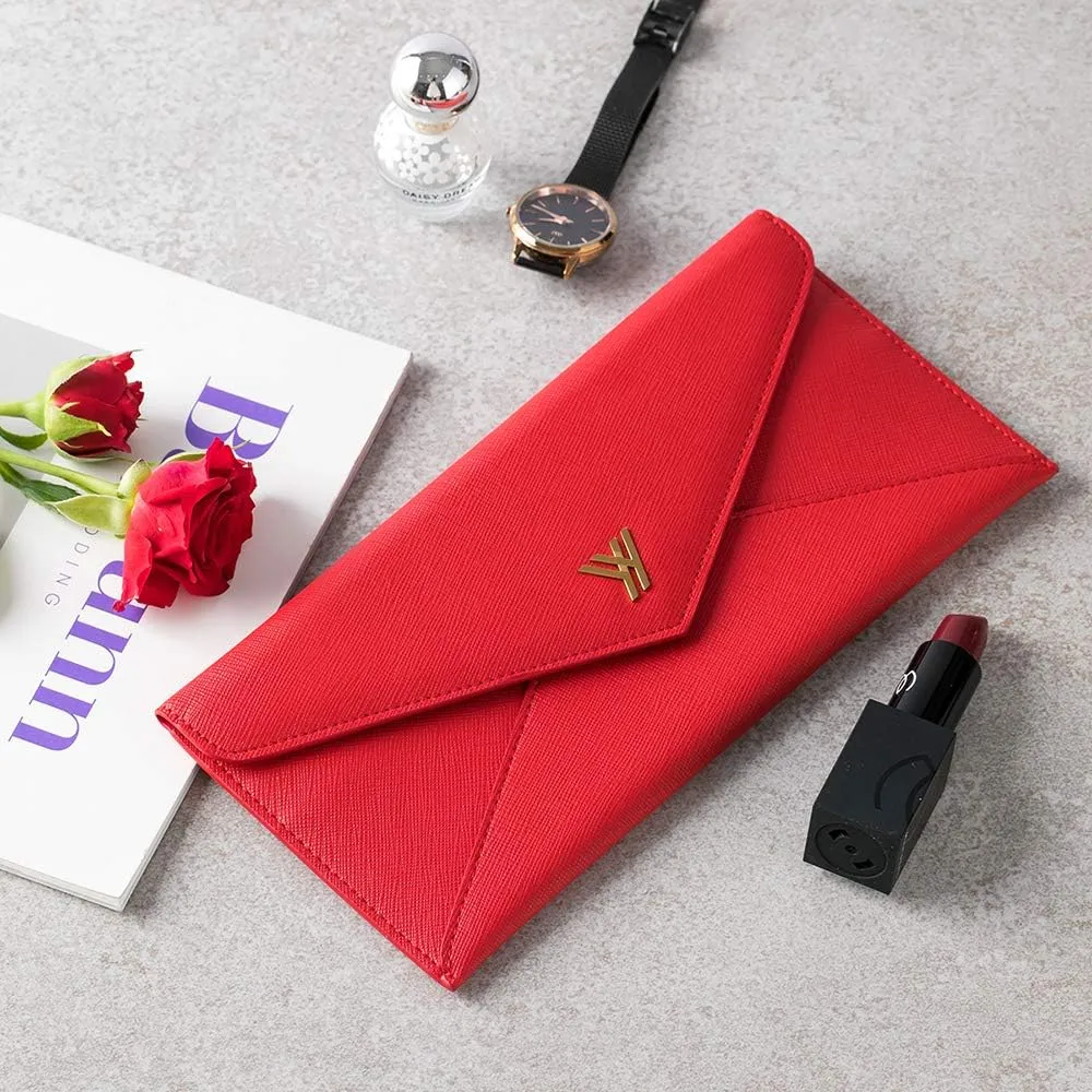 Women's Long Wallet RFID Blocking Envelope Purse, Made of Saffiano Leather (Red)