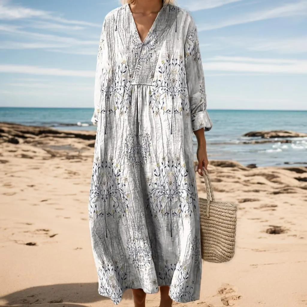 Women's Oversized Smocked Long Sleeve Boho Dress Spring Summer Casual Floral Print V Neck Maxi Dresses for Women