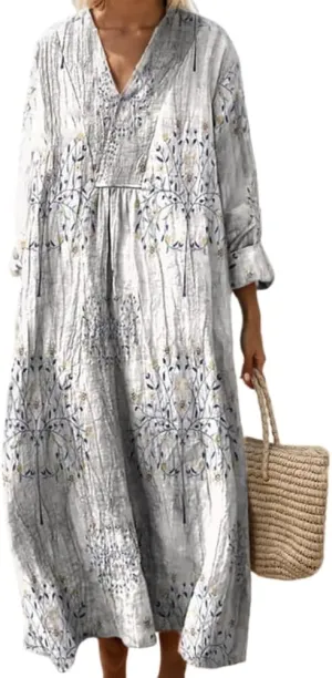 Women's Oversized Smocked Long Sleeve Boho Dress Spring Summer Casual Floral Print V Neck Maxi Dresses for Women