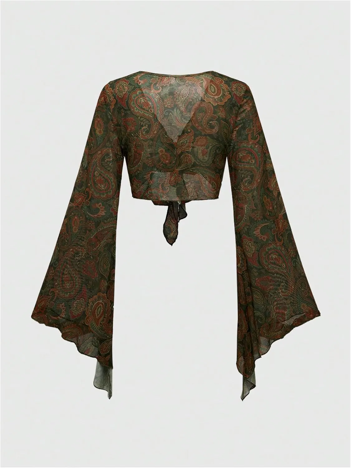 Women's Paisley 70s Top Mesh Hippie Shirt Sheer V Neck Disco Crop Top Long Bell Sleeve Tie Front Boho Blouse