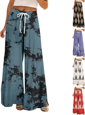 Womens Pants Elastic Waist Floral Graphic Palazzo Pant for Women Boho Vacation Travel Long Lounge Wide Leg Trousers