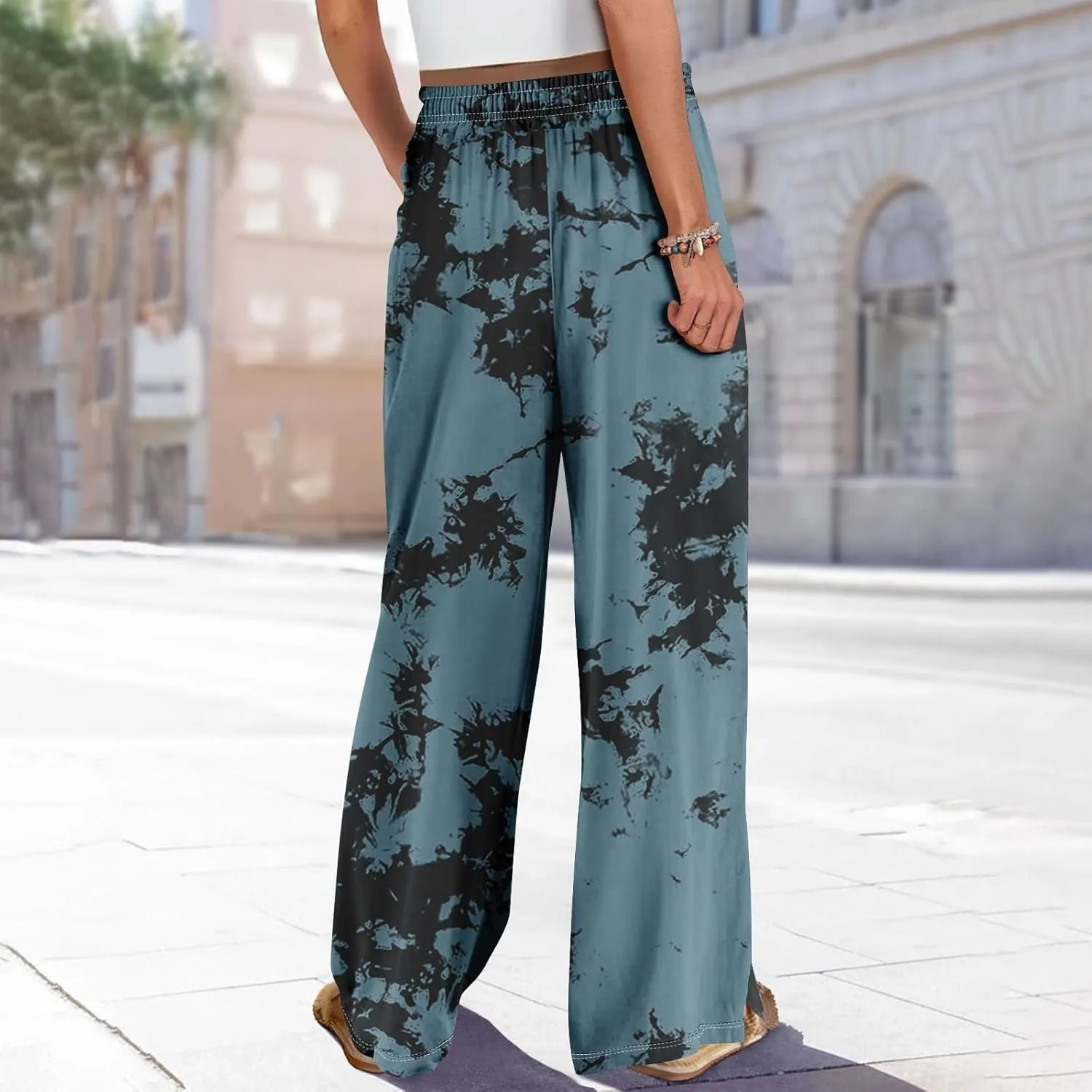 Womens Pants Elastic Waist Floral Graphic Palazzo Pant for Women Boho Vacation Travel Long Lounge Wide Leg Trousers