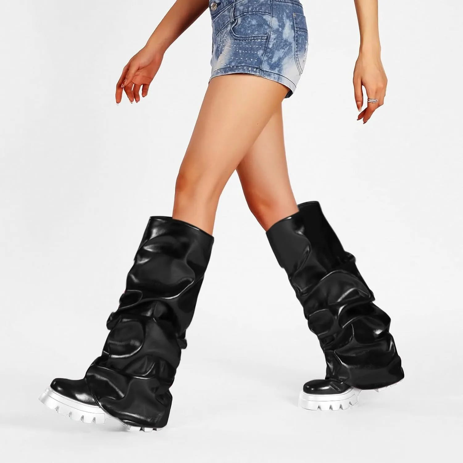 Women's Platform Round Toe Fold Over Boots Metallic Mid Calf Boots Chunky Heel Pull-On Fashion Shark Booties for Ladies Party Shoes