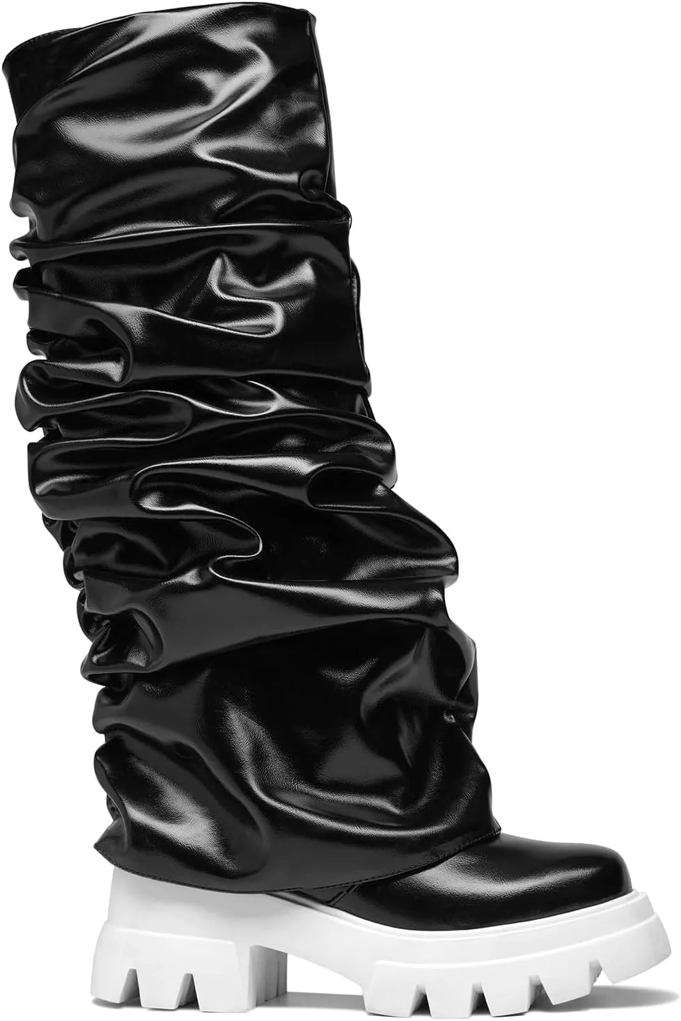 Women's Platform Round Toe Fold Over Boots Metallic Mid Calf Boots Chunky Heel Pull-On Fashion Shark Booties for Ladies Party Shoes