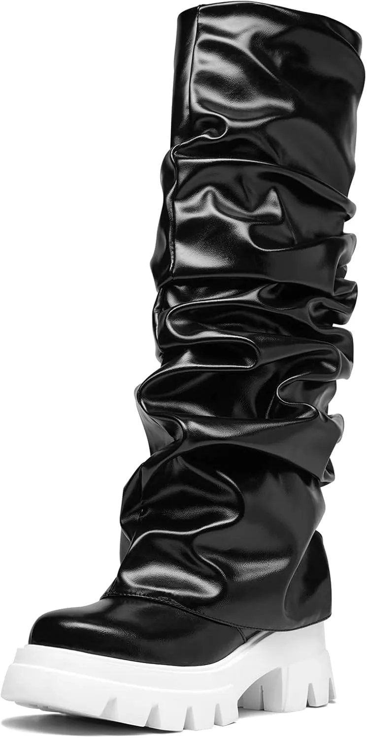 Women's Platform Round Toe Fold Over Boots Metallic Mid Calf Boots Chunky Heel Pull-On Fashion Shark Booties for Ladies Party Shoes