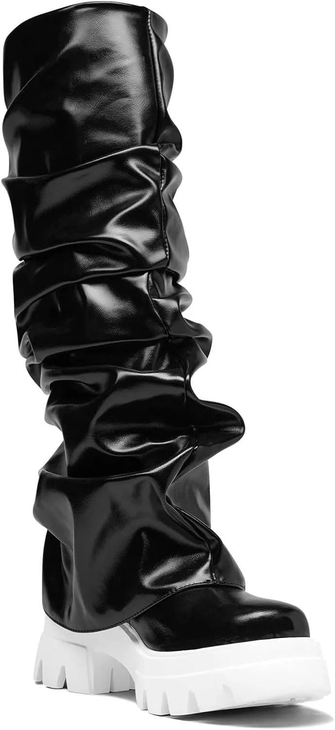 Women's Platform Round Toe Fold Over Boots Metallic Mid Calf Boots Chunky Heel Pull-On Fashion Shark Booties for Ladies Party Shoes