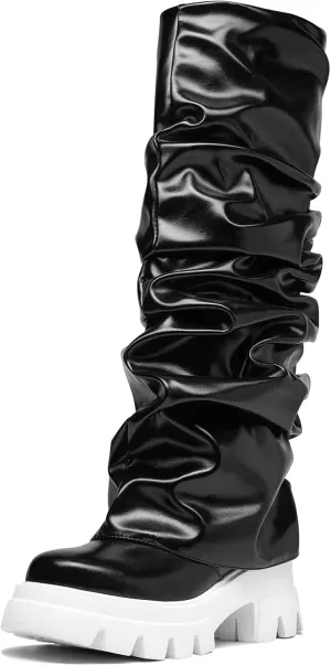 Women's Platform Round Toe Fold Over Boots Metallic Mid Calf Boots Chunky Heel Pull-On Fashion Shark Booties for Ladies Party Shoes