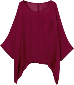 Womens Plus Size Cotton Linen Shirts Elegant 3/4 Sleeve Round Neck Summer Cape Blouses Casual Loose Fit Tunic Tops