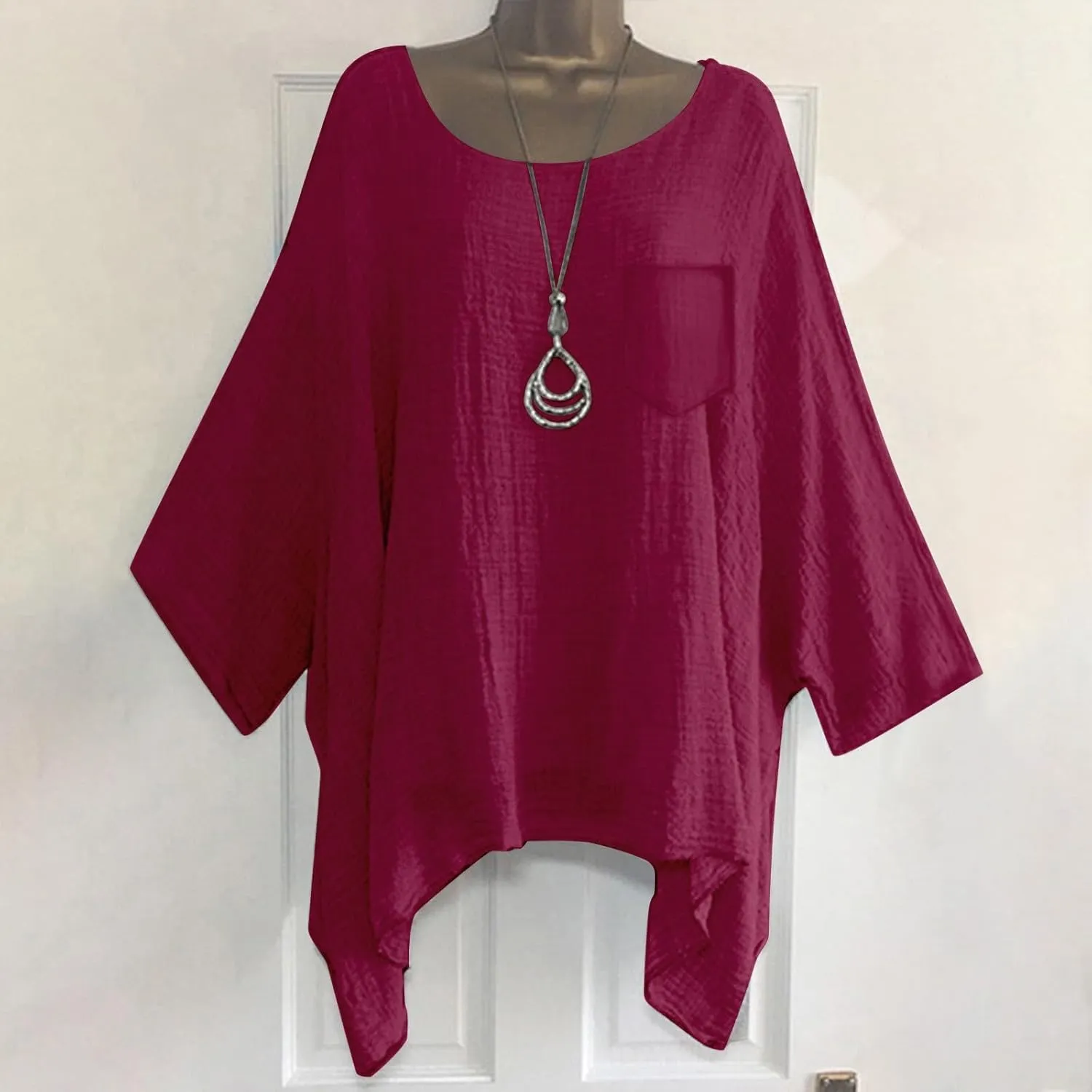 Womens Plus Size Cotton Linen Shirts Elegant 3/4 Sleeve Round Neck Summer Cape Blouses Casual Loose Fit Tunic Tops