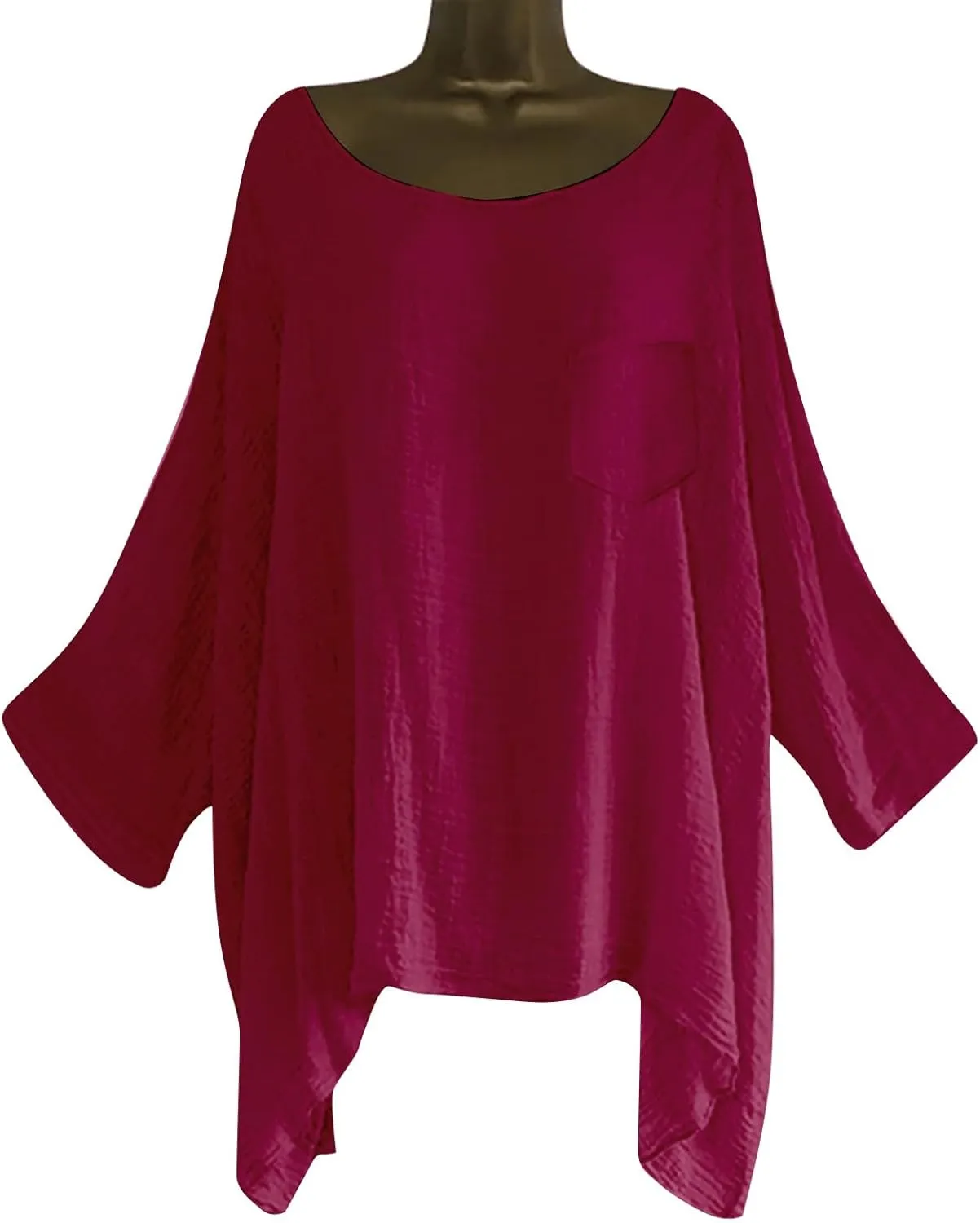 Womens Plus Size Cotton Linen Shirts Elegant 3/4 Sleeve Round Neck Summer Cape Blouses Casual Loose Fit Tunic Tops