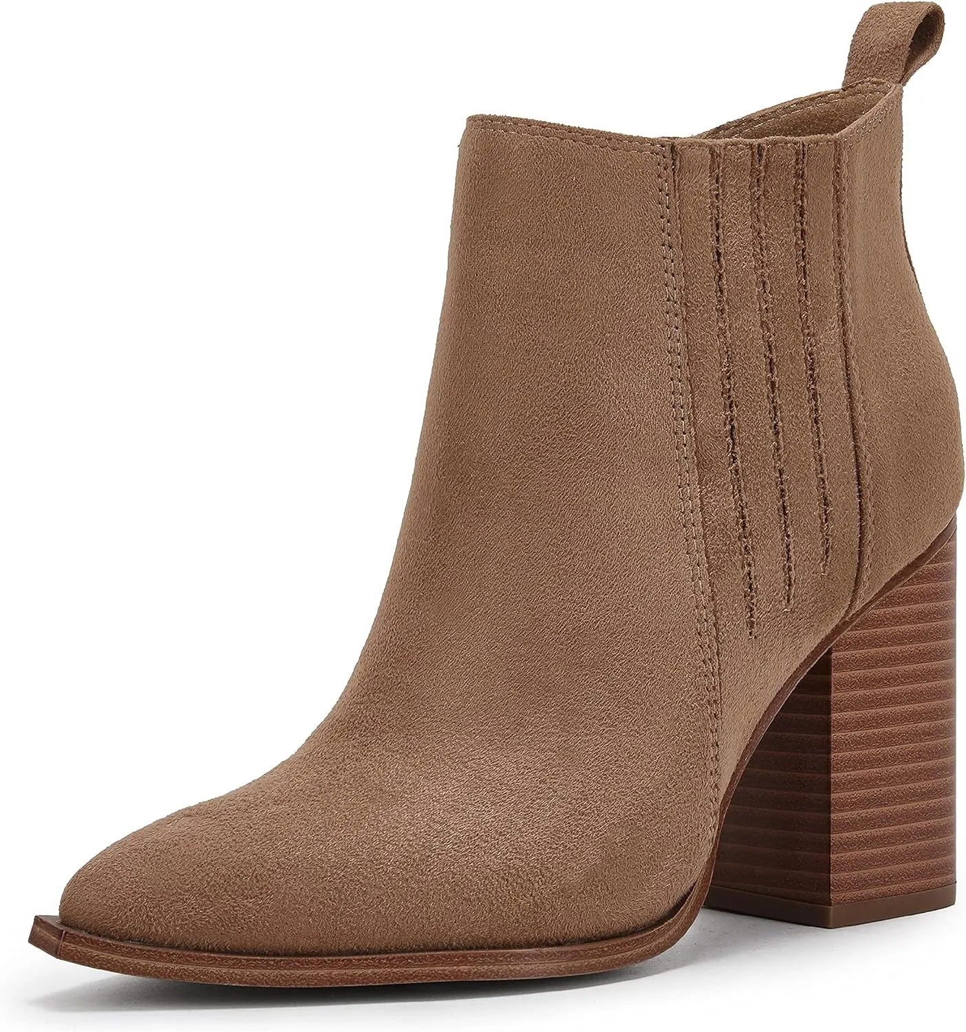 Womens Pointed Toe Slip on Ankle Booties Stacked Mid Block Heel Shoes Faux Leather Boots