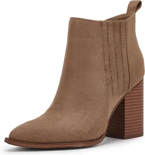 Womens Pointed Toe Slip on Ankle Booties Stacked Mid Block Heel Shoes Faux Leather Boots