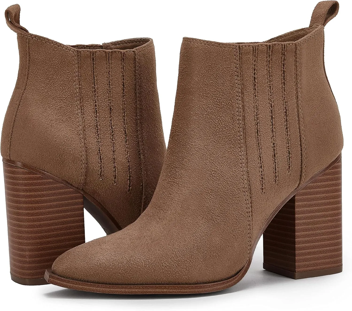 Womens Pointed Toe Slip on Ankle Booties Stacked Mid Block Heel Shoes Faux Leather Boots