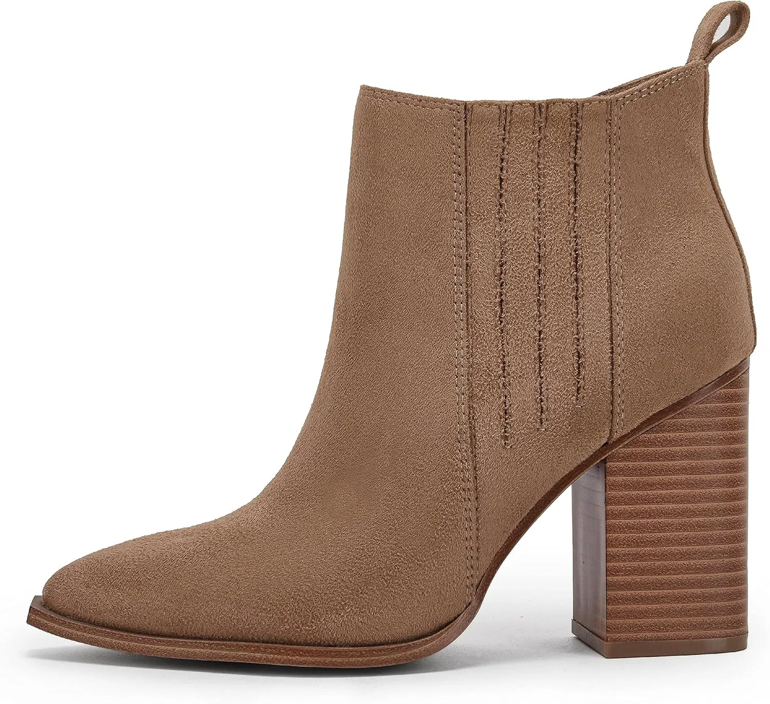 Womens Pointed Toe Slip on Ankle Booties Stacked Mid Block Heel Shoes Faux Leather Boots