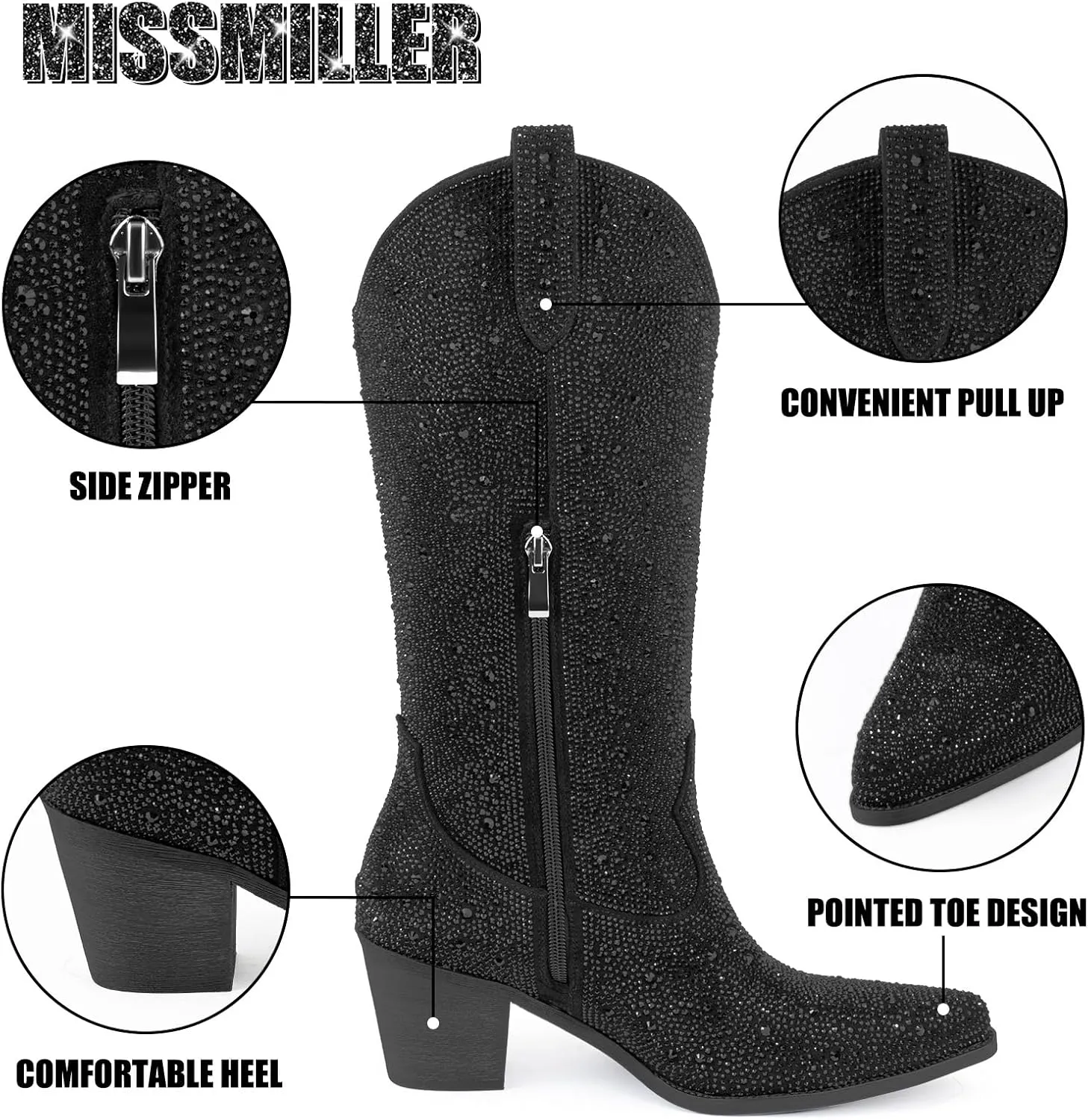 Women’s Rhinestone Cowboy Boots Mid Calf Pointed Toe Sparkly Block Heel Cowgirl Boots with Pull On Tabs