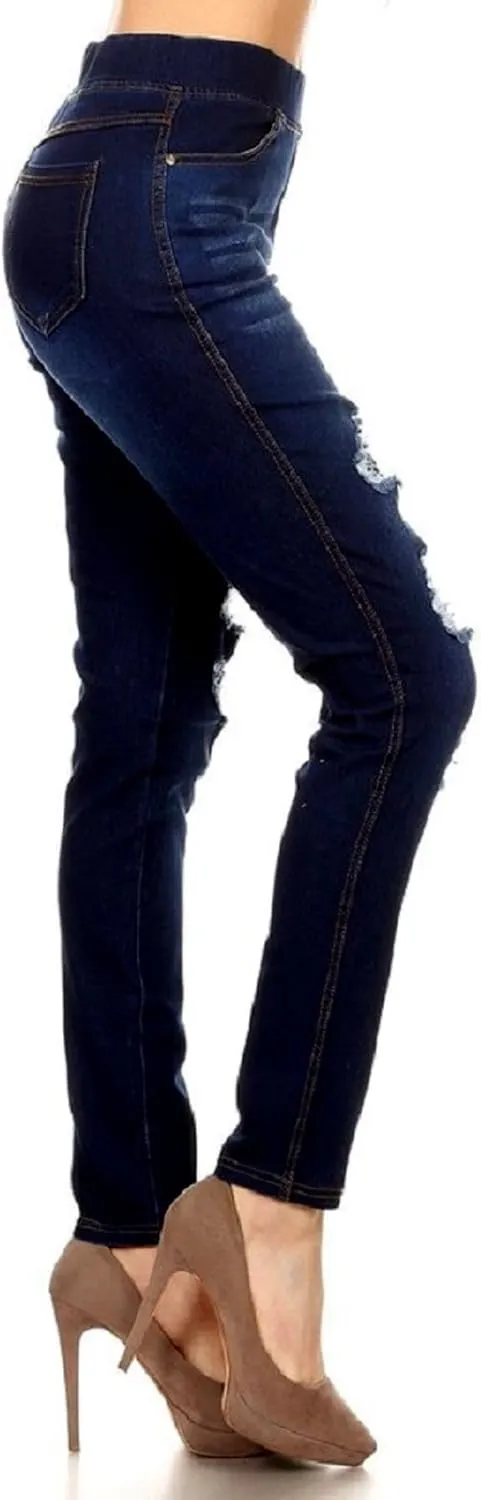 Women's Ripped Destroyed Skinny Jeans & Jeggings Pull-On Elastic Waist Stretch Denim Pants Regular-Plus Size