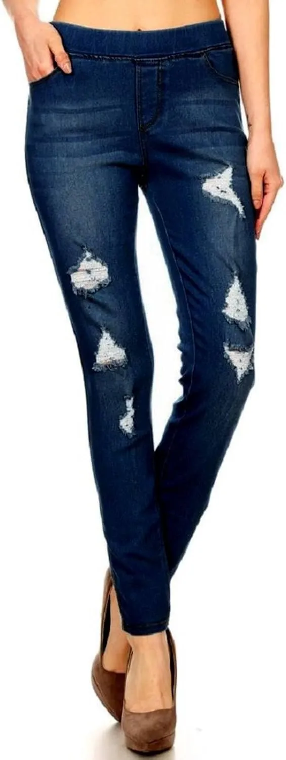 Women's Ripped Destroyed Skinny Jeans & Jeggings Pull-On Elastic Waist Stretch Denim Pants Regular-Plus Size