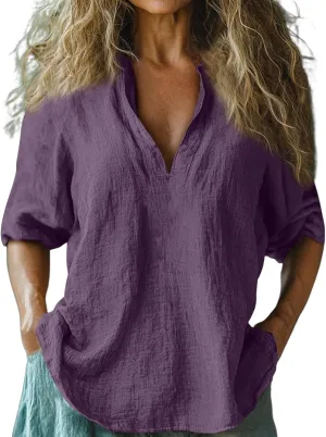 Womens Roll Up Sleeve Linen Shirts Casual Relaxed Fit V Neck Office T Shirts Vacation Stylish Solid Cruise Wear 2025