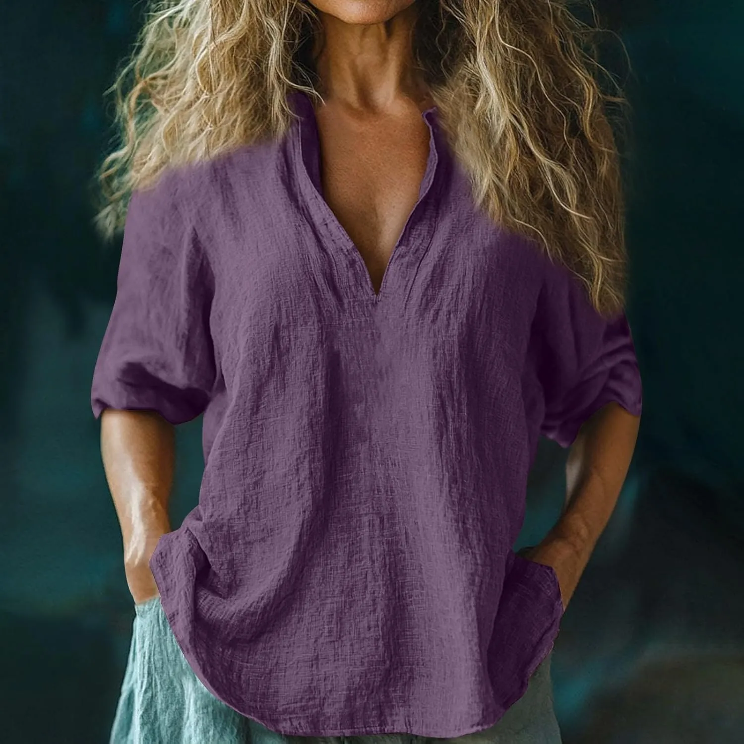 Womens Roll Up Sleeve Linen Shirts Casual Relaxed Fit V Neck Office T Shirts Vacation Stylish Solid Cruise Wear 2025